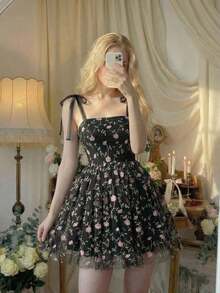 MOD Vestido estilo retro con estampado floral rosa y cinturón con lazo - Multicolor - Ver 8