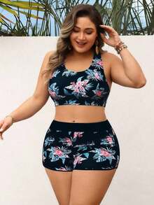 Swim Lushoire Conjunto de traje de baño de 3 piezas para mujer talla grande, con cubierta de estampado floral aleatorio sin mangas, top de espalda de tirantes y shorts, adecuado para la playa, la piscina y deportes - Multicolor 4 - Ver 4