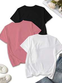 3 piezas Camiseta de manga corta rosa/morada/marrón, diseño de impresión de letras minimalista de moda, top casual de cuello redondo para mujer, verano - Multicolor - Ver 2