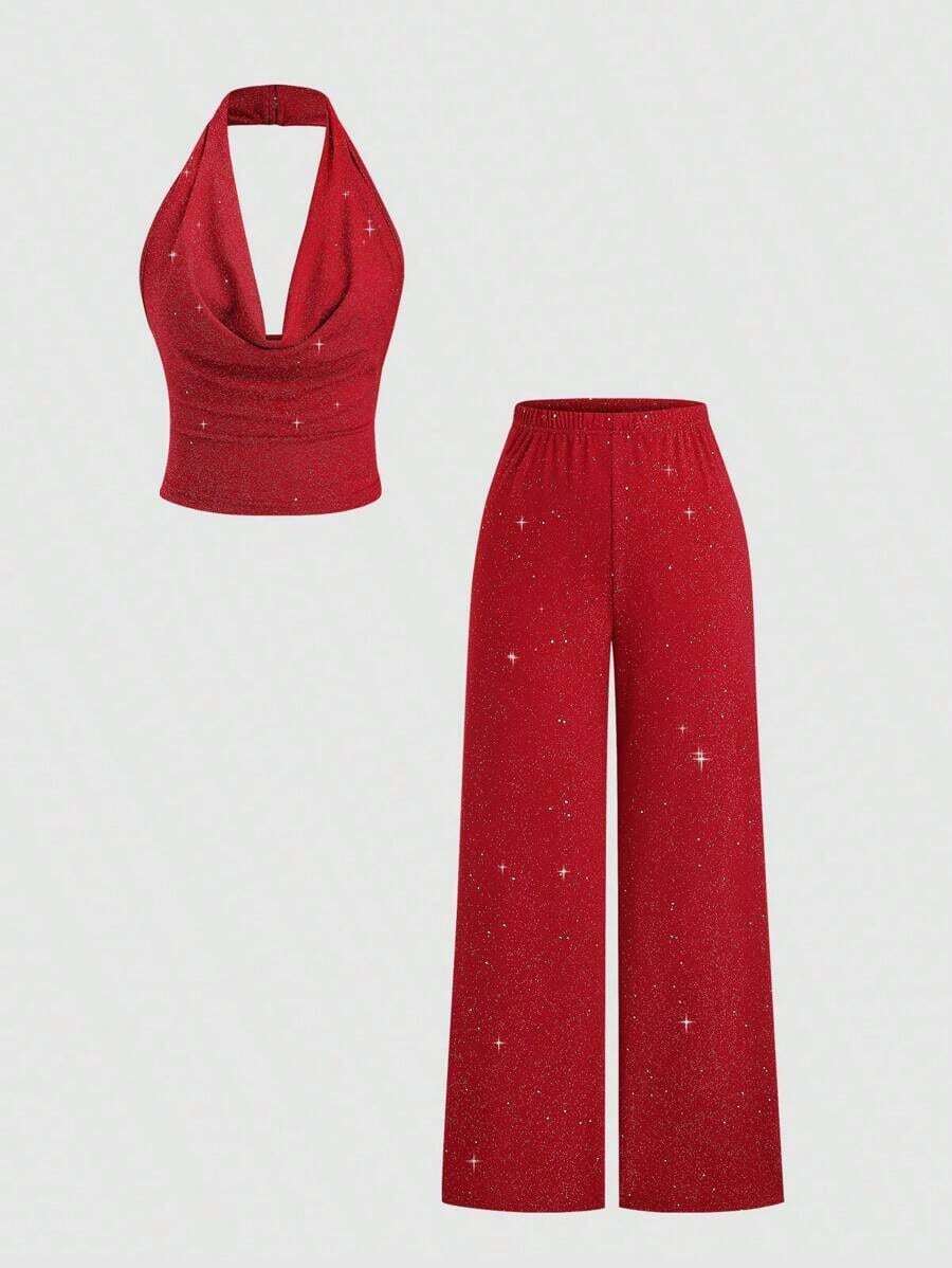 Conjunto de 2 piezas con top sin espalda de cuello de halter con lentejuelas y pantalones anchos sueltos, estilo diva sexy - Rojo - Ver 1
