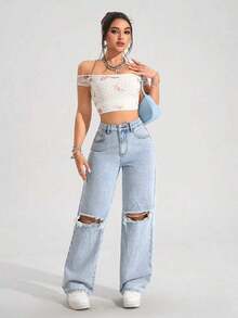 PETITE Vaqueros anchos y holgados de tela vaquera con bolsillos y efecto desgastado, de uso versátil y casual para mujer - Azul 2 - Ver 4