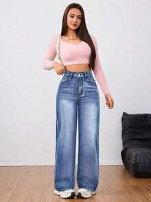 Jeans de mezclilla casuales de unicolor para mujer - Azul lavado oscuro 2 - Ver 3