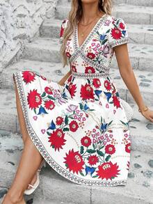 Clasi Vestido de mujer elegante de verano con cuello en V, estampado de flores colocado, bolsillos dobles en la cintura, silueta evasé, adecuado para diversas ocasiones: playa, viajes, uso diario, casa, etc. - Rojo y blanco - Ver 4