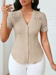Camisa casual de mujer de unicolor y estilo simple para uso diario, verano - Caqui - Ver 7