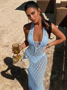 Vestido largo de punto de verano/primavera 2026 para mujer con cuello en V azul, cintura con lazo, diseño de textura calada, estilo bohemio, elegante y casual, ideal para vacaciones en la playa y fiestas, adecuado para viajes a la isla - azul claro - Ver 3
