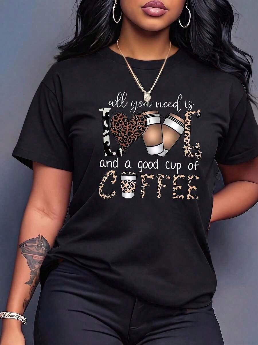 Camiseta de manga corta con cuello redondo y estampado para mujer. Perfecto para citas, desplazamientos diarios y salidas informales. Diseño clásico minimalista de cuello redondo, fácil de combinar y adecuado para todas las formas de cuerpo. - Negro - Ver 1