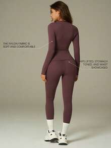 UONNOU Setelan Yoga 2 Potong Slim Fit yang Nyaman | Atasan Lengan Panjang + Legging Pinggang Tinggi Cocok untuk Aktivitas Sehari-hari - Purple - View 4