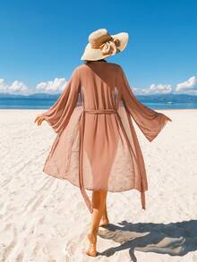Women's Light Pink Solid Color Cardigan, V-Neck Long Sleeve Belted Semi-Sheer Mid-Length Loose Elegant Beach Resort Kimono Vacation Summer - Apricot - View 4
