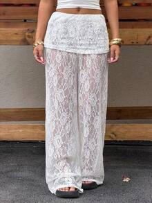 Pantalones de pierna ancha de encaje blanco para mujer - Blanco - Ver 7