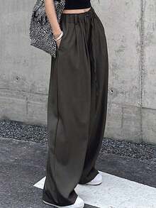 Pantalones largos casuales de mujer de unicolor con cordón en la cintura - Gris 2 - Ver 3