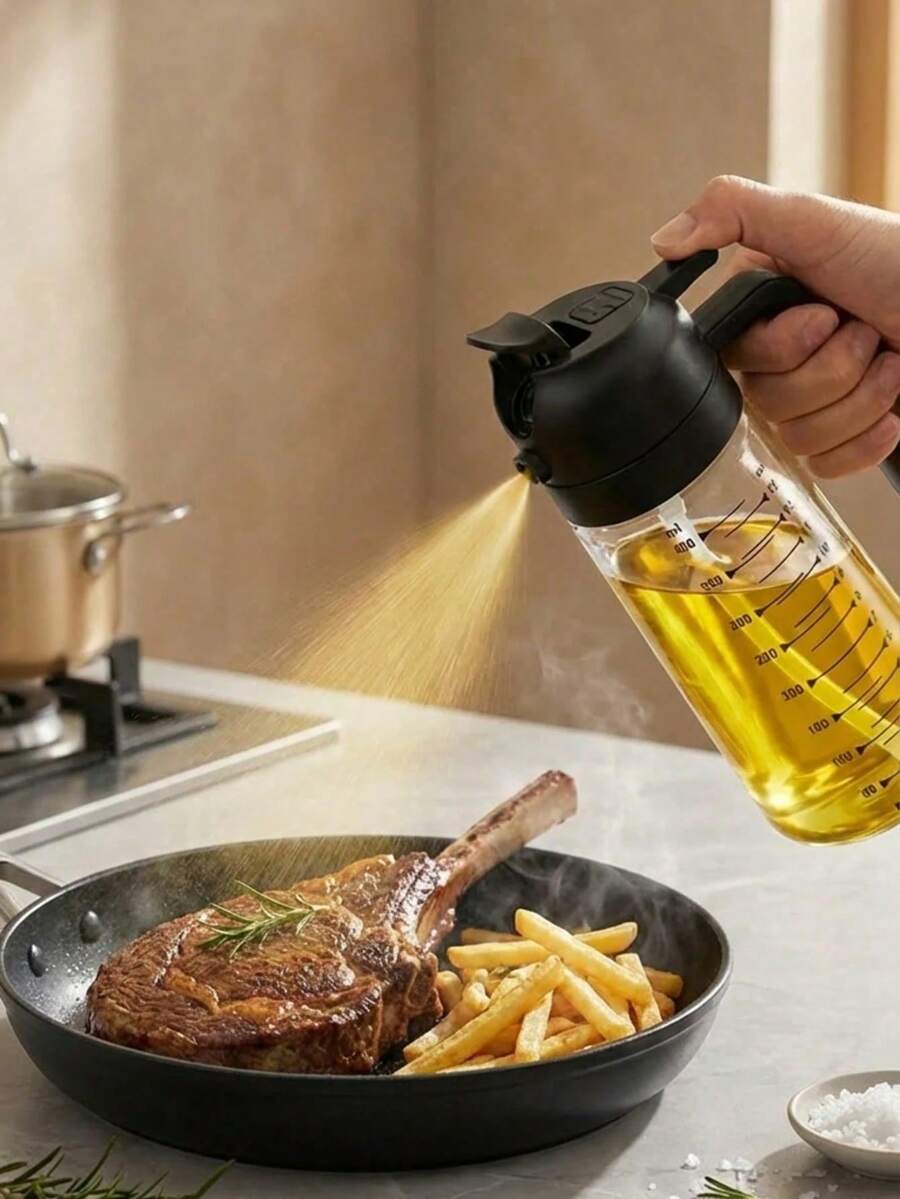 1個 16oz/470ml 玻璃橄欖油噴霧瓶，黑色，2合1多功能廚房工具。可噴出細膩均勻的油霧，適用於烹飪、氣炸鍋、沙拉和燒烤。設計精巧且現代。