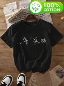Camiseta de algodón puro para mujer, estampada con un diseño de tres libélulas, es perfecta para usar en primavera y verano, adecuada para vestimenta casual al salir, hacer ejercicio o ir de vacaciones, y presenta un diseño suave y cómodo. - Negro - Ver 1