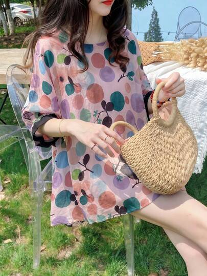 YUXIN Women's Colorful Polka Dot Blouse, Batwing Sleeve Loose Streetwear/Vacation Style, Breathable Fashion Jacket, Spring/Summer