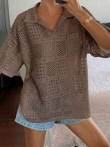 Women's Short-Sleeved Polo Shirt, Loose Fit, Textured And Openwork Fabric, For Summer - Khaki - View 5
