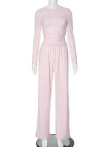 Conjunto Básico Exclusivo Sudadera Manga Larga Cuello Redondo Pantalones Anchos Color Solido Estilo Casual - Conjunto rosa de manga larga - Ver 5