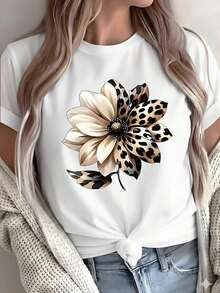 100% cotton Playera Negra Ajustada con Gráfico de Flor Estampado Leopardo/Animal Print, Camiseta Estética Floral con Diseño de Guepardo, Blusa Casual de Moda de Estilo Urbano - Blanco - Ver 6