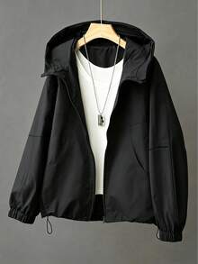 Women's Casual Hooded Loose Jacket, Military Style Windbreaker - Black - View 1