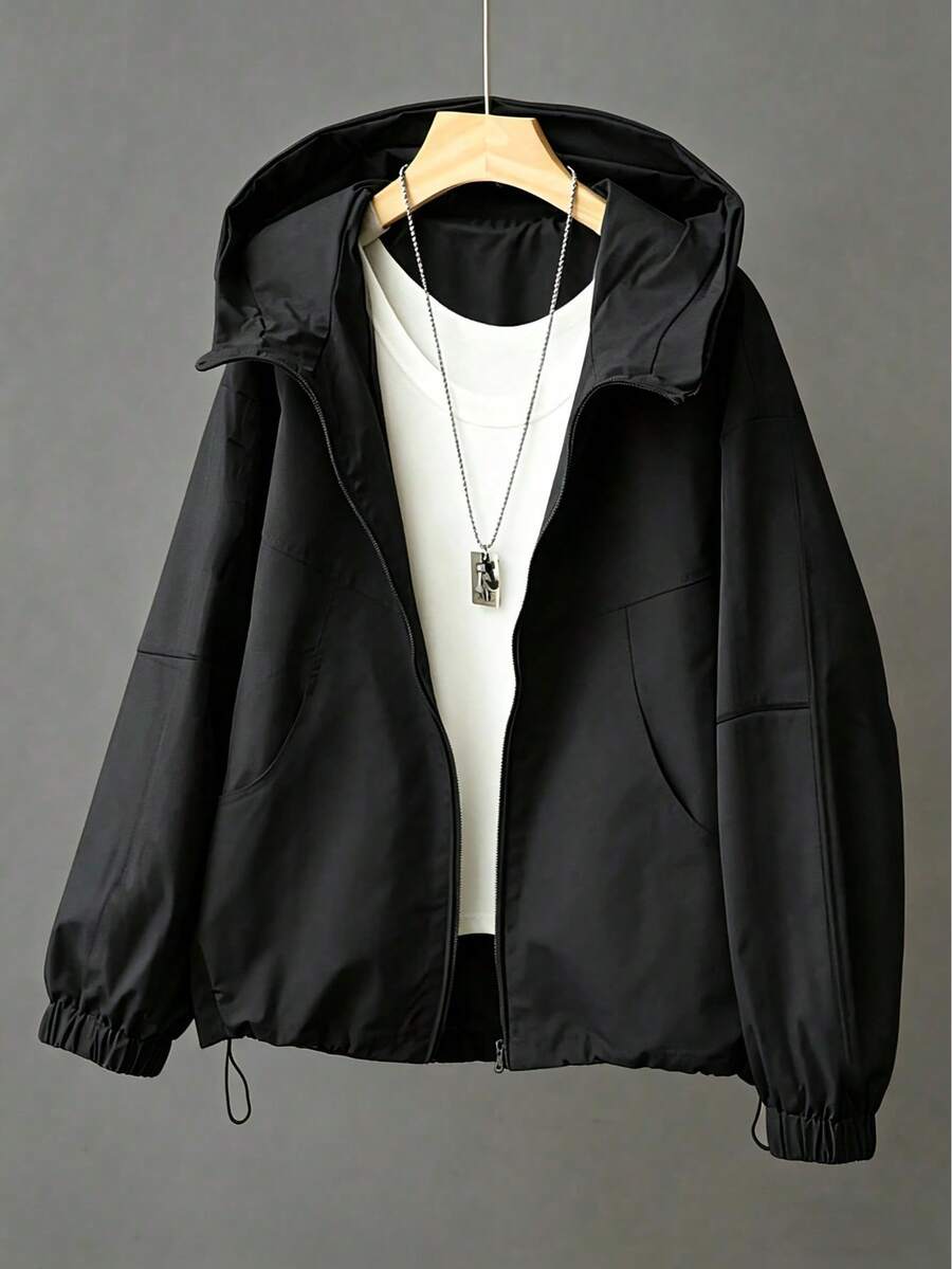 Women's Casual Hooded Loose Jacket, Military Style Windbreaker - Black - View 1
