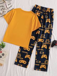 2pcs/Set Boys' Short Sleeve Video Game Graphic Tee And Comfortable Pants Pajama Set, Suitable For Daily Home Gaming And Reading, Spring/Summer - Yellow - View 3