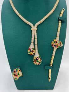 4pcs Rainbow Color Jewelry Set Suitable For Middle East Gala Parties, Popular Gold Necklace Set For Banquet, Daily Date, Formal Dress, Wedding Gown, Featuring Colorful Plated Chain, Teardrop Artificial Zirconia, Luxury Jewelry Set Including Necklace, Earrings, Ring, Bracelet, Sparkling Zirconia 5pcs Set, Necklace, Earrings, Ring, Bracelet, Suitable As Gift For Girlfriend, Mother, Teacher - four piece set - View 4