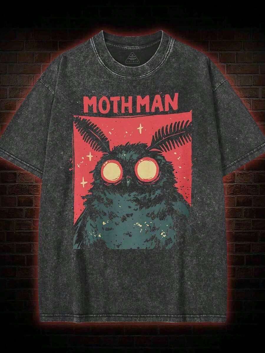 Camiseta de hombre 100% algodón lavado, negra, con estampado gráfico de Mothman, estilo vintage, transpirable, de alta calidad, en promoción. - Negro - Ver 1