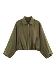 Chaqueta con bolsillo con cremallera de lunares rosas para mujer - Abrigo casual suelto con solapa para primavera/otoño - Verde militar - Ver 5