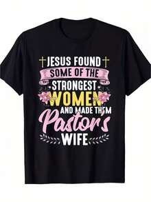 Christian T-Shirt For Women "Jesus Found The Strongest Female Pastor Wife", Casual T-Shirt With Floral Cross, 100% Pure Cotton, Comfortable Colors, Short Sleeve And Round Neck Design, New Fitted T-Shirt For Women, Spring/Summer Design Style, Couple Style, Perfect For Matching Sets. - 黑色 - 查看 7