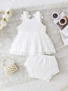 Toddler Set White Lace 3D Flower Sweet Cotton Ribbed Lace Camisole + Shorts Baby Outfit - White - View 3