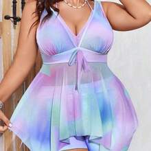Swim Mod Conjunto de 2 piezas de talla grande para mujer, traje de baño Tankini adelgazante con cuello en V y estampado Tie-Dye - Rosa - Ver 2