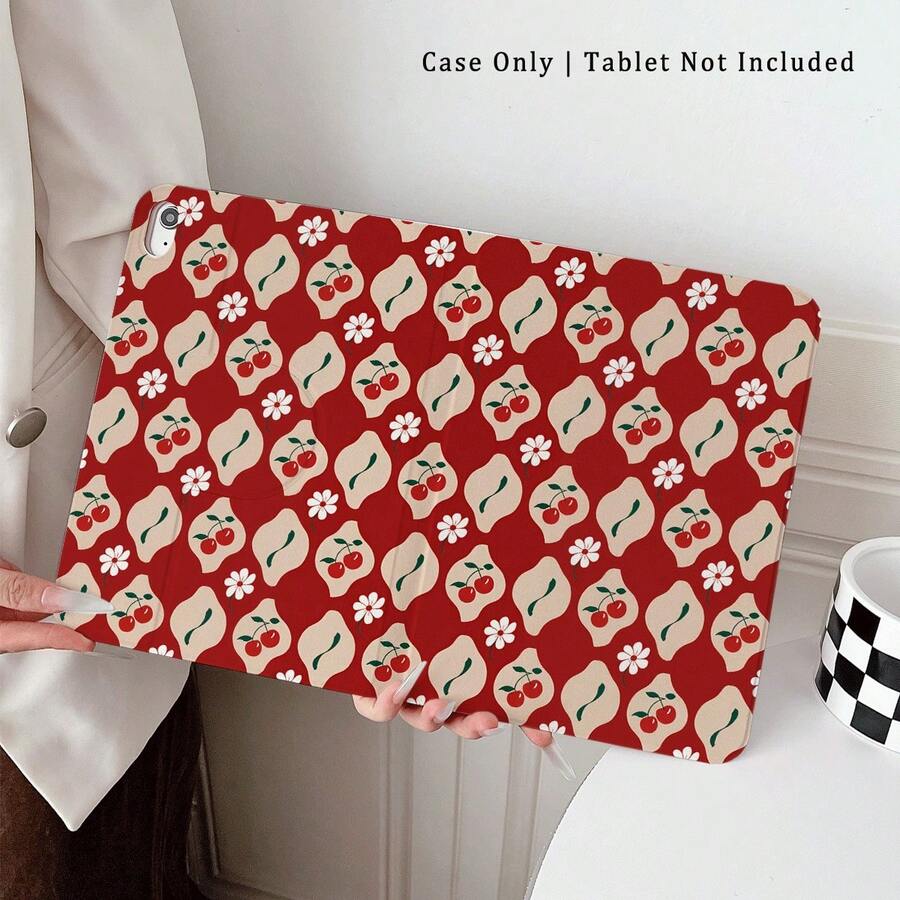 1pc Red Cherry & Daisy Print 360° Rotatable Protective Tablet Case ,Multi-Angle Magnetic Stand Cover With Auto Sleep/Wake Function, Compatible With IPad PRO/AIR, Compatible With SAMSUNG,Compatible With XIAOMI Pad 5/6/7,Compatible With Huawei Matepad - Multicolor - View 1