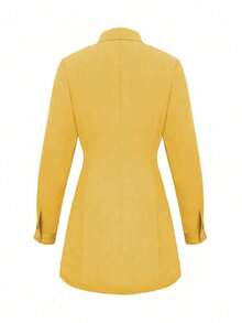 Vestido corto elegante de mujer con manga larga, estilo de moda casual con solapa y decoración de botones, para primavera y otoño - Amarillo - Ver 2