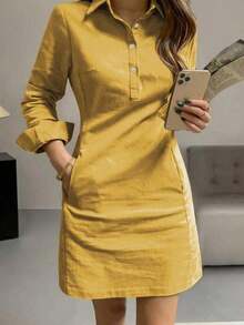 Vestido corto elegante de mujer con manga larga, estilo de moda casual con solapa y decoración de botones, para primavera y otoño - Amarillo - Ver 5