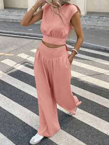 Conjunto de 2 piezas de blusa y pantalones con lazo en la espalda de unicolor para mujer, un conjunto de top holgado y pantalón de pierna ancha con lazos en la espalda, unicolor, elegante y casual, adecuado para el uso diario, primavera/verano - Rosa coral - Ver 5