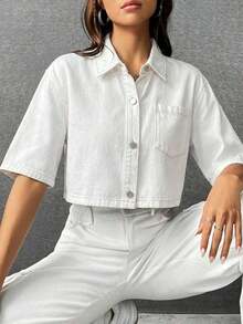 Camisa mezclilla con parche con bolsillo de hombros caídos - Blanco - Ver 3