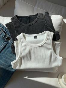 Conjunto de 2 piezas de suéter sin mangas de mujer de algodón con efecto desgastado y teñido ácido en dos tonos vintage - Blanco y Negro - Ver 4