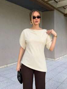 Blusa de mujer con mangas abullonadas y cintura ceñida, nueva llegada de blusa de mujer de cuello redondo, manga corta, unicolor, ajustada y asimétrica, para verano en color blanco - Albaricoque - Ver 7