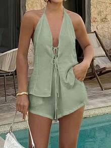 Conjunto de 2 piezas de top con escote en V y espalda descubierta con lazo, y shorts elásticos para mujer, adecuado para el hogar, la playa, citas, festivales de música, San Valentín y otras ocasiones, elegante en negro para el verano - gris verde - Ver 8