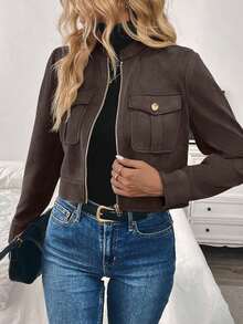Chaqueta corta de carga de mujer con botones metálicos decorados, cálida y gruesa, adecuada para otoño/invierno - Marrón - Ver 5