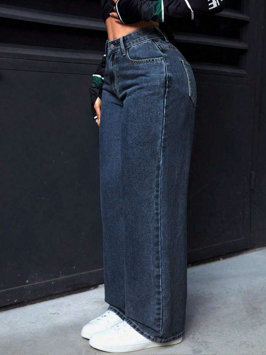 PETITE Jeans rectos de pierna suelta y lavados para mujer - Azul lavado oscuro 3 - Ver 1