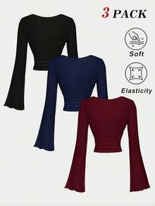 Conjunto de camiseta de manga larga ajustada con cuello de volantes, mangas acampanadas y plisadas en 3 colores - Rojo y negro - Ver 2