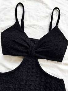 Camiseta de tirantes casual y sexy con recortes en la cintura, de tela con textura para vacaciones - Negro - Ver 5