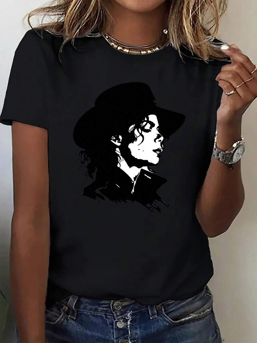 Camiseta Casual de Mujer Nueva Colección Otoño - Estampado Clásico Retrato, Cómoda y Elegante con Cuello Redondo para Deportes Correr Moda, Personalidad Divertida Suave Transpirable Ropa casual Fiesta Celebración Vacaciones Navidad Halloween Campus Graduación Regalo Unisex Pareja Hermana Conjunto - Negro - Ver 1