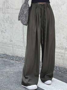 Pantalones largos casuales de mujer de unicolor con cordón en la cintura - Gris 2 - Ver 6