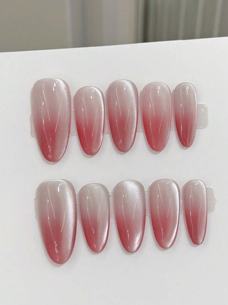 10pcs/Set Press On Nail Tips, Berry, Plum Color, Side Light Cat's Eye, Blush Gradient, Simple, Handcrafted Nail Stickers For Wearing. - Pink - View 1