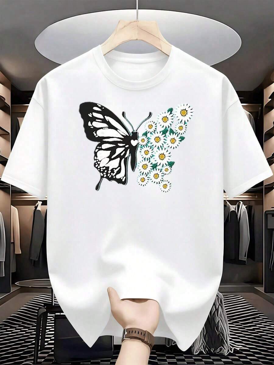 Monochromatic Butterfly With Wings Formed By Numerous White And Green Daisies Symbolizing Freedom, Renewal And Connection With Nature. T-Shirt, 100% Cotton, 220g - 白色的 - 查看 1