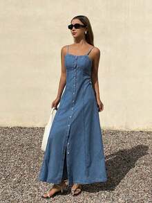 Vestido vaquero casual largo sin mangas con cintura ceñida para mujer - Azul lavado medio - Ver 3