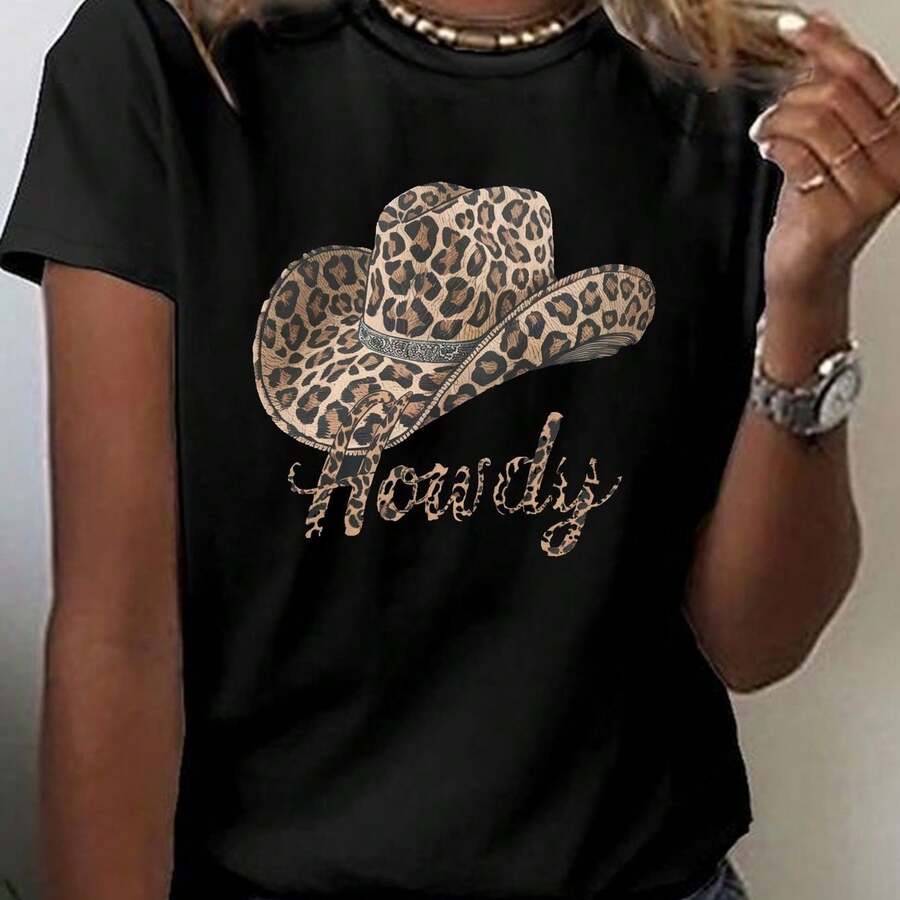 Camiseta de Mujer Manga Corta Cuello Redondo - Estampado de Sombrero de Vaquero y Leopardo Howdy, Tejido Suave y Cómodo, Ajuste Holgado, Look Casual y Divertido para Primavera y Verano, Talla Grande