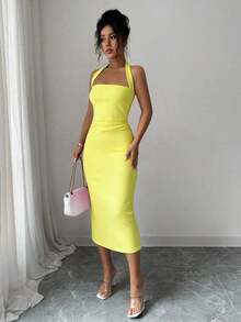 Vestido de mujer de longitud media elegante, adecuado para vacaciones, reuniones diarias, fiestas y eventos de cóctel de verano - Amarillo - Ver 3