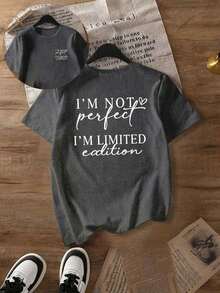 Limited Edition Printed T-Shirt For Women | I'm Not Perfect, Fashionable White T-Shirt For Spring/Summer, Casual, Round Neck And Short Sleeve - abu-abu gelap - View 7