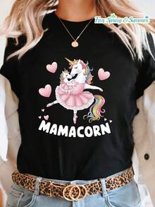Camiseta de manga corta con cuello redondo y estampado de algodón puro para mujer, camiseta casual de manga corta con cuello redondo, con un diseño de un unicornio con vestido rosa, perfecta para primavera y verano, diseñada para mujeres. - Negro - Ver 1